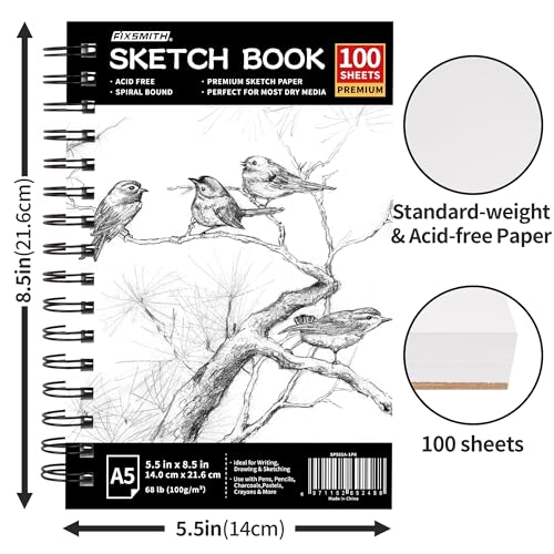 FIXSMITH 5.5"X8.5" Sketch Book,100 Sheets (68 lb/100gsm) Sketchbook - color: Black, size: 5.5"x8.5"-1 Pack