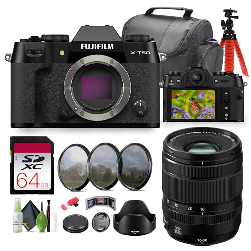 FUJIFILM X-T50 Mirrorless Digital Camera Body - Black Bundle with Fuji XF 16-50mm f/2.8-4.8 R LM WR Lens + 64GB UHS-II SDXC Memory Card + 12 inch Flexible Tripod + More