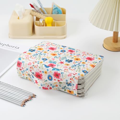 Canvas 200 Slots Pencil Case 4-Layer Zipped Holder w/Handle - color: Apricot Blossoms, size: 200