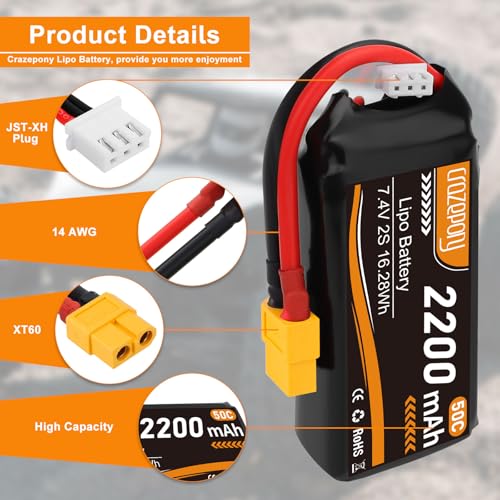 2S Lipo Battery 7.4V 2200mAh with XT60 Connector for 1/16 Slash RC Car