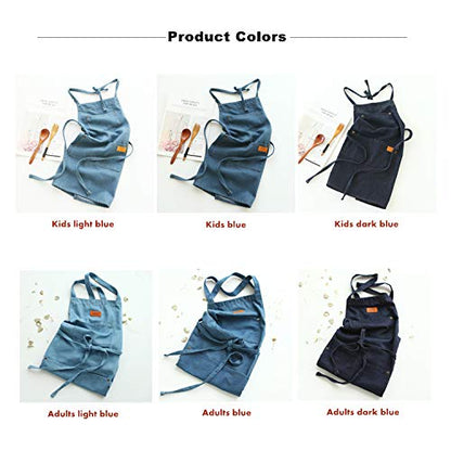Cute Denim Matching Apron for Kids and Adults, Cook Art Paint Garden - color: Blue, size: kid M(age 8-12)