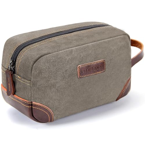 emissary Men's Canvas Travel Toiletry Bag, Leather Dopp Kit - Light Gray - color: Light Gray