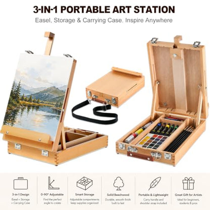 Beechwood Tabletop Easel for Painting, Portable Easel with Shoulder Strap