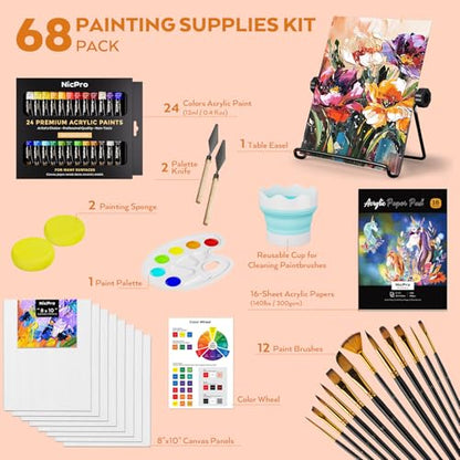 Nicpro 68PCS Acrylic Paint Canvas Set for Adults with 24 Paint for Beginner - color: 24 colors