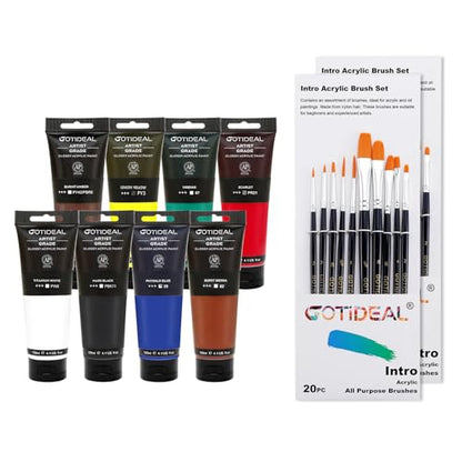 GOTIDEAL Paint Brush Set 10 Pcs with Acrylic Paint Set,8 Primary Colors（(120ml,4 oz)