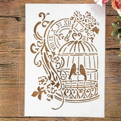 TIAMECH A4 Reusable Vintage Birdcage Clock Stencil for Painting - style: Birdcage Clock