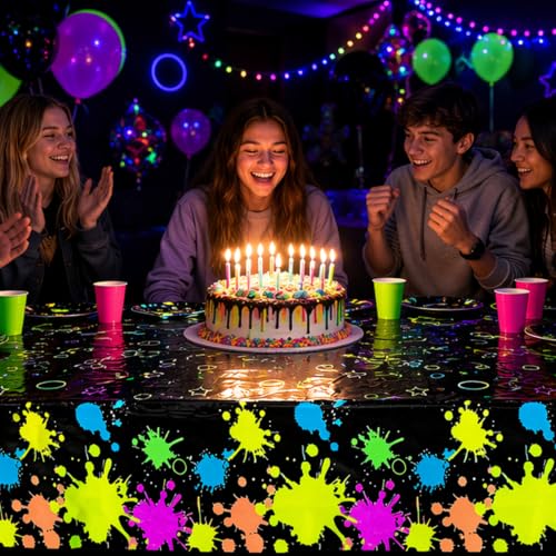 2 Pack Neon Paint Splatter Glow in the Dark Plastic Tablecloth 54x108 Inch - color: Neon Glow Tablecloth