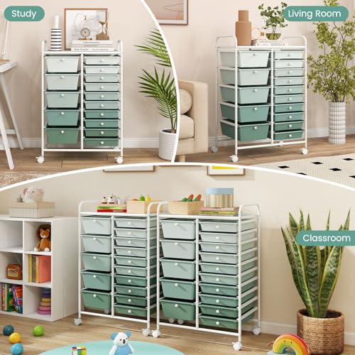 RELAX4LIFE 15-Drawer Storage Drawer Carts - Mobile Rolling Utility Cart - color: Gradient Green, style: 15 Drawers-34.5"
