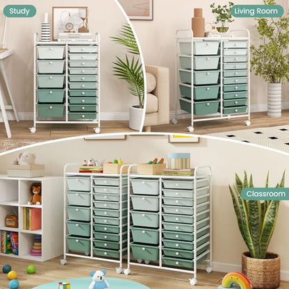 RELAX4LIFE 15-Drawer Storage Drawer Carts - Mobile Rolling Utility Cart - color: Gradient Green, style: 15 Drawers-34.5"