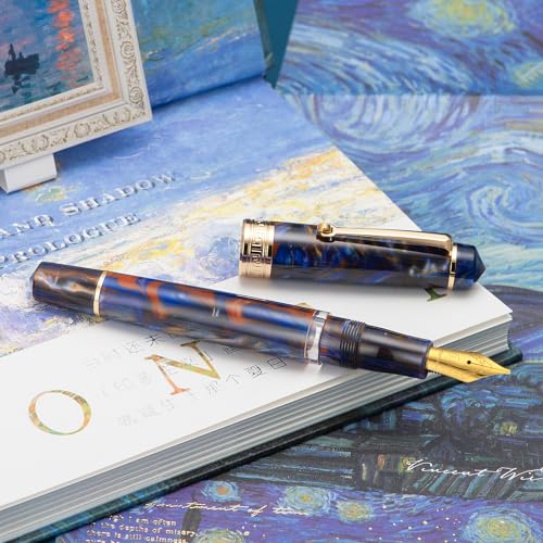 Asvine P20 Piston Fountain Pen, Stub Nib 1.1mm Calligraphy Art Drawing Purple Marble Acrylic with Case Set - color: Purple, style: Stub Point