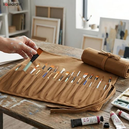 Liquidraw 30 Pocket Roll-Up Canvas Paint Brush Holder, 21 x 18in (Brown) - color: Brown