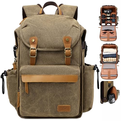 Padwa Lifestyle Khaki Camera Backpack - Professional DSLR & UAV Camera Bag,Anti Theft Canvas Camera Backpacks with Rain Cover,Large Capacity Photography Travel Camera Bag with Multi Compartments - color: Khaki Canvas, style: Canvas Bag Flap