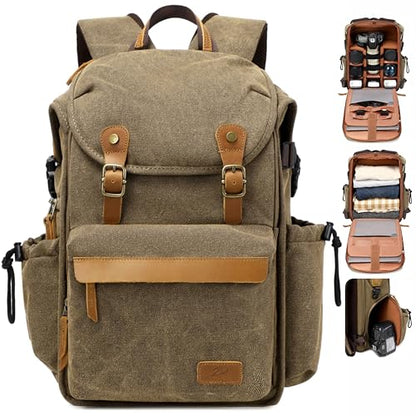 Padwa Lifestyle Khaki Camera Backpack - Professional DSLR & UAV Camera Bag,Anti Theft Canvas Camera Backpacks with Rain Cover,Large Capacity Photography Travel Camera Bag with Multi Compartments - color: Khaki Canvas, style: Canvas Bag Flap