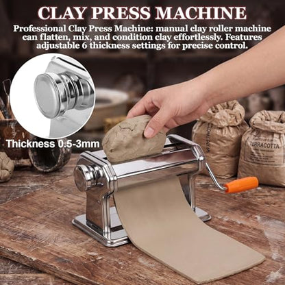 11 Pcs Polymer Clay Roller Machine Set, Stainless Steel Clay Press Machine with 6 Thickness Settings, Handbuilding Kit with Sculpting Tools Silicone Mat and Canvas Cloth for DIY Crafts