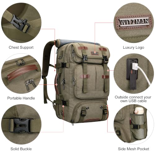 WITZMAN Travel Backpack for Men 45L Large Carry-on Airline Approved - color: Army Green