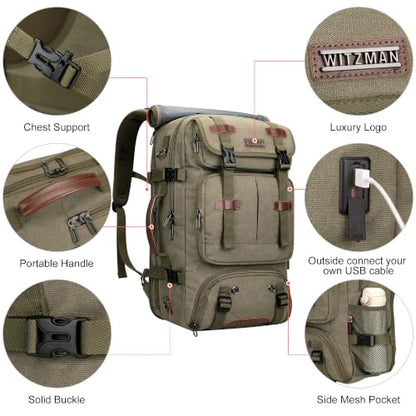 WITZMAN Travel Backpack for Men 45L Large Carry-on Airline Approved - color: Army Green