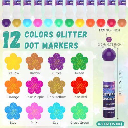 Crtiin 72 Pack 0.5 oz Glitter Bingo Dauber Marker Bulk, 12 Colors