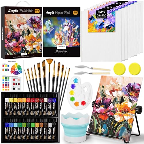 Nicpro 68PCS Acrylic Paint Canvas Set for Adults with 24 Paint for Beginner - color: 24 colors