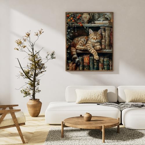 Paint by Numbers Kit for Adults, Sleeping Cat & Bookshelf, 16x20 Inch - color: HMOP25309