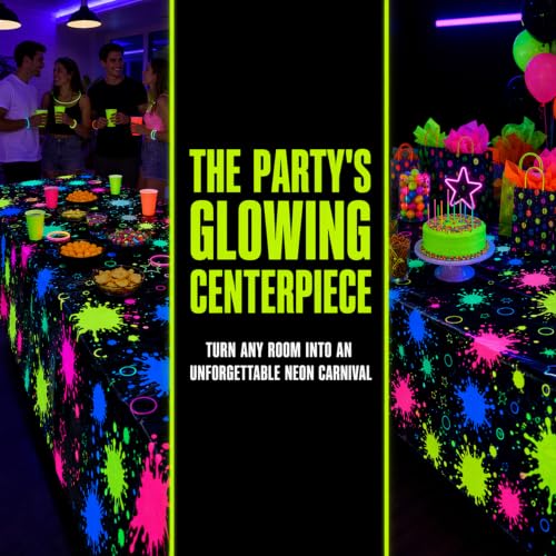 2 Pack Neon Paint Splatter Glow in the Dark Plastic Tablecloth 54x108 Inch - color: Neon Glow Tablecloth