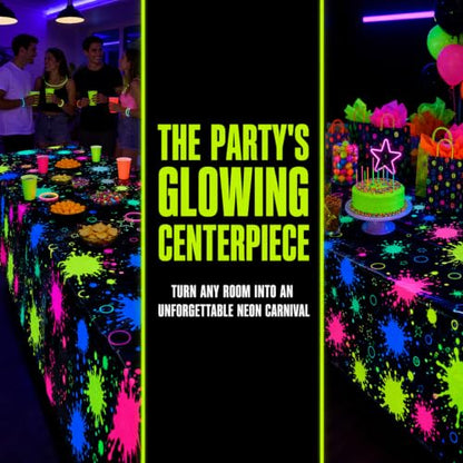 2 Pack Neon Paint Splatter Glow in the Dark Plastic Tablecloth 54x108 Inch - color: Neon Glow Tablecloth
