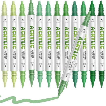 Green Acrylic Paint Pens, Water Based 12 Colors Dual Tip - color: Green Series