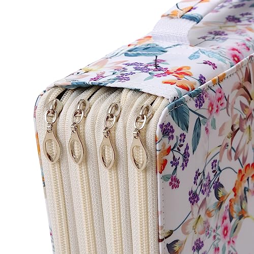 300 Slots Pencil Case 4-Layer Zipped Holder w/Handle - color: White + Flower, size: 300