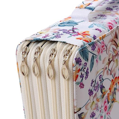 300 Slots Pencil Case 4-Layer Zipped Holder w/Handle - color: White + Flower, size: 300
