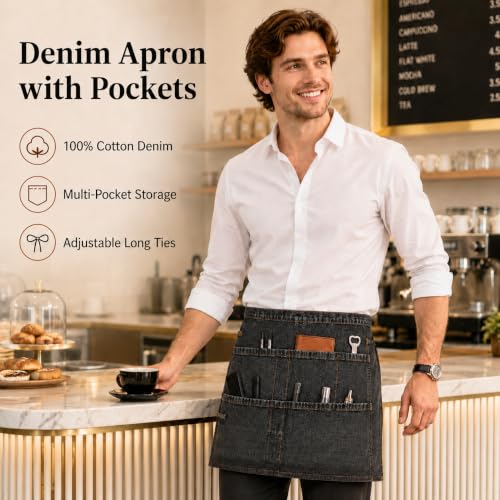 Denim Apron, Waist Apron with Pockets and Adjustable Long Ties - color: Waist Apron-black, size: Medium