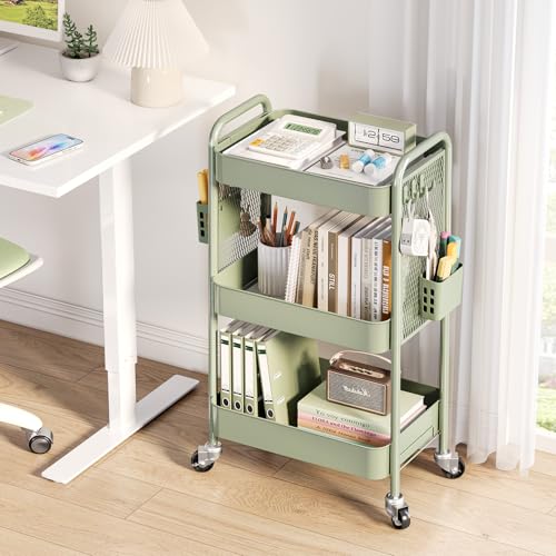 TOOLF 3 Tier Rolling Cart, Metal Utility Storage Cart with Pegboard, Green - color: Green, size: 3-Tier