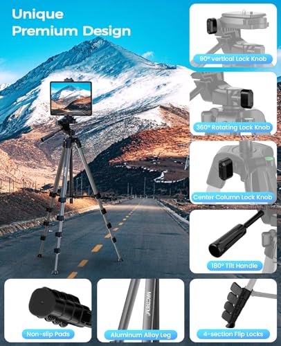 MACTREM 67" iPad Tripod Stand for Tablet Phone Camera with Remote Mount - color: Grey