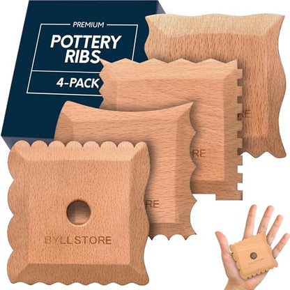 Byllstore Pottery Ribs & Trimming Tools | 2 Foot Shaper Tools | 4 Clay Texture Ribs | Solid Beech Wood | Several Pack Options (4-Pack) - color: 4 Pack | Pottery Ribs