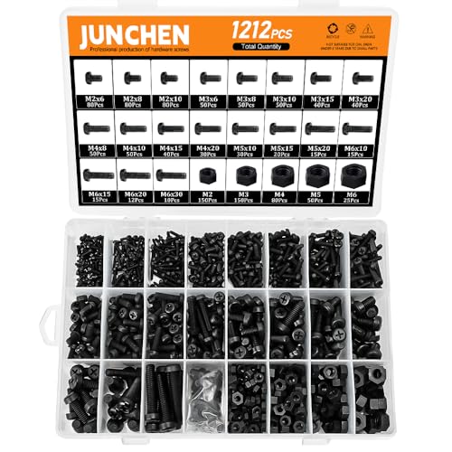 1212pcs Black Nylon Plastic Pan Round Head Phillips Screws Bolts and Nuts,M2M3M4M5M6 Metric Threaded Screws Bolt and Nut Assortment Set for Micro Controller Board Building,Insulate or Fasten PCB Board