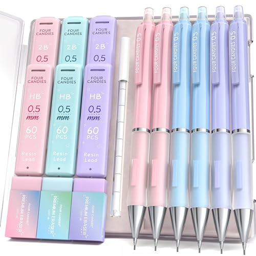 Four Candies Pastel Mechanical Pencil Set, 0.5mm Fine Point, Pack of 6 - style: 0.5 mm