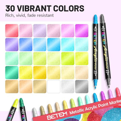 Betem 30 Metallic Dual Tip Wine Glass Markers, Acrylic Paint Glass Pen