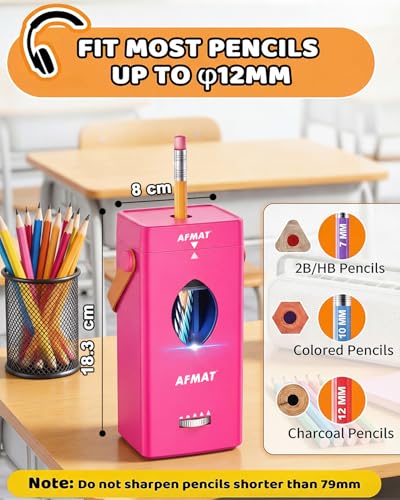 AFMAT Electric Pencil Sharpener, Fully Automatic Pencil Sharpener for 6-12mm No.2/Jumbo Pencils, Auto in & Out, 5 Sharpness Modes, Rechargeable Heavy Duty Sharpeners for Classroom/Home/Office PSC7 - color: Pink