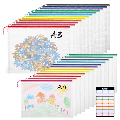 YOPCDJ 24pcs Mesh Zipper Pouch Bags, 12 Colors Extra Large 12PCS A3 and 12pcs A4, Puzzle Bag for Organizing, Classroom Must Have Storage Bag, File Bags for School, Board Games and Office Supplies - color: 8 Colors, size: A3+A4