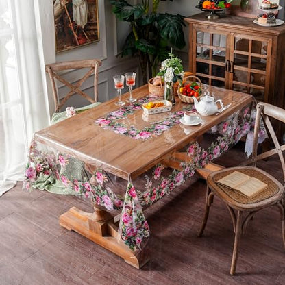 ARTABLE Clear Vinyl Tablecloth Rose Floral Print Wipeable 52 x 70 Inch - color: Rose, size: 70" x 52" (Rectangular)