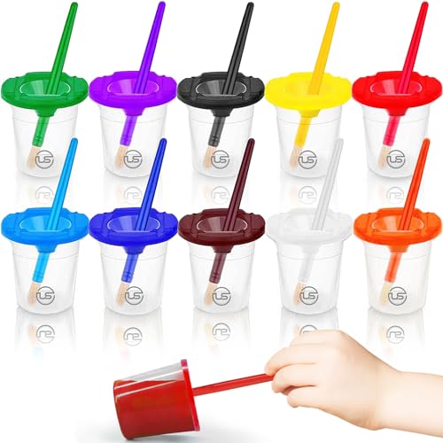 Paint Cups with Lids for Kids 10 No Spill Paint Containers, Paintbrushes - size: 10 Pack