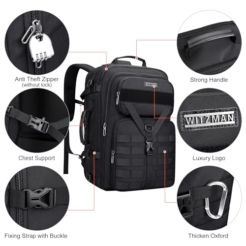 WITZMAN Travel Backpack for Men 40L Convertible Bag Fits 17" Laptop - color: Black
