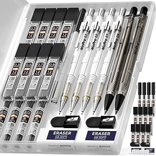 Nicpro 6PCS Art Mechanical Pencil Set, 4PCS Drafting Pencils 0.3 & 0.5 & 0.7 & 0.9 mm & 2PCS 2mm Lead Holder (4B 2B HB 2H) For Writing, Sketching Drawing With 12 Tube Lead Refills Erasers Case
