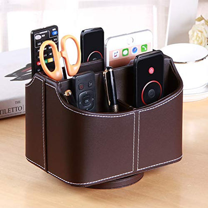 PU Leather 360° Rotatable Remote Control Holder,Nightstand TV Remote Caddy - color: A Brown