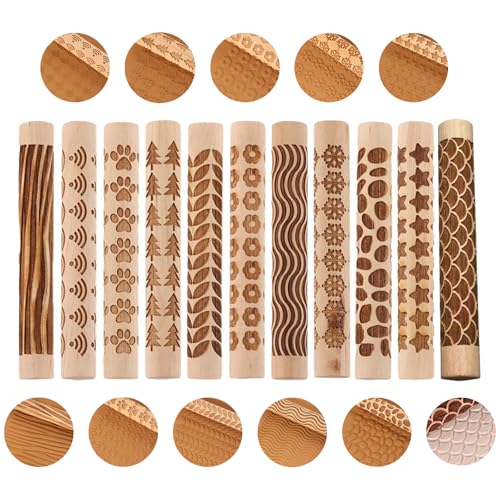 11-Pc Wood Texture Roller Set – Embossed Pattern Clay Rolling Pins & Carved Stamps for Handbuilding Pottery DIY Art Crafts (11 Wooden Texture Sticks)