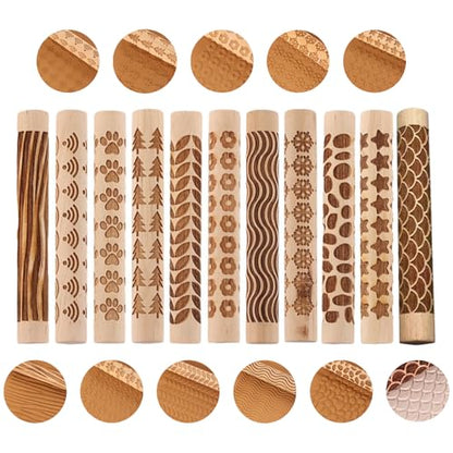 11-Pc Wood Texture Roller Set – Embossed Pattern Clay Rolling Pins & Carved Stamps for Handbuilding Pottery DIY Art Crafts (11 Wooden Texture Sticks)