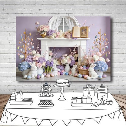 7x5FT Easter Backdrop Pastel Purple Floral Wall with Bunny Easter Eggs Background for Spring Themed Baby Birthday Shower Party Decor Vinyl