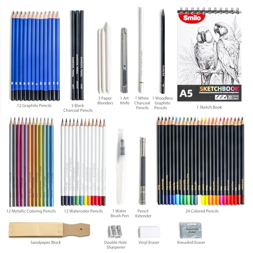 Smilo 76-Piece Art Supplies Sketching Kit with Sketchbook and Travel Case