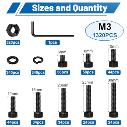 1320PCS M3 Socket Head Screws Nut and Washer Assortment Kit 12.9 Steel - size: G12.9 M3 1320PCS