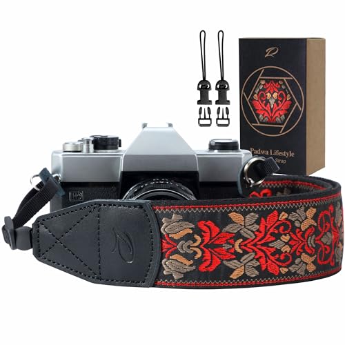 Padwa Lifestyle Camera Strap - 2" Wide Red Vintage Jacquard Embroidery Flower Camera Straps with Genuine Leather Head, Adjustable Neck Shoulder Strap for All Cameras and Men & Women Photographers - color: Vintage Red Embroidery