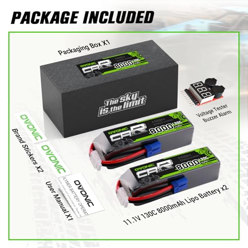 OVONIC 3S LiPo Battery 8000mAh 11.1V 130C RC Battery with EC5 Connector (2 Pack)(with Lipo Voltage Checker)