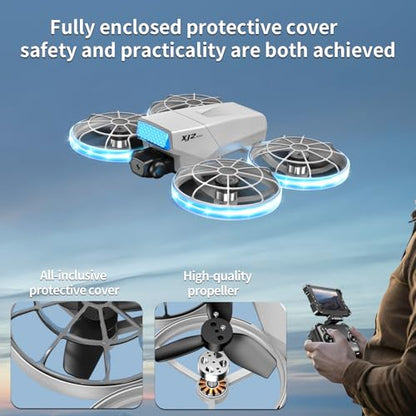 foldable mini drone, high-definition camera drone, quadcopter aircraft, 2.4-inch foldable remote control, 2 batteries and carrying case - safety propeller protection device, equipped with LED body light, weighing less than 250 grams, lightweight and porta